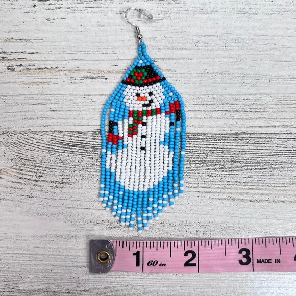 Beaded Snowman Earrings Holiday Christmas Fringe Seed Bead Dangle Fishhook - Picture 6 of 8